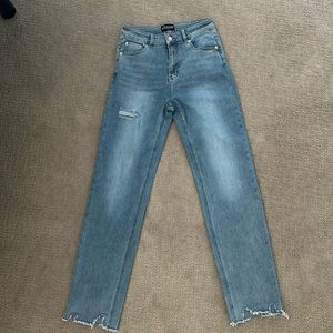 Size 28 Kittenish light/medium wash denim, frayed hem, slight distressing